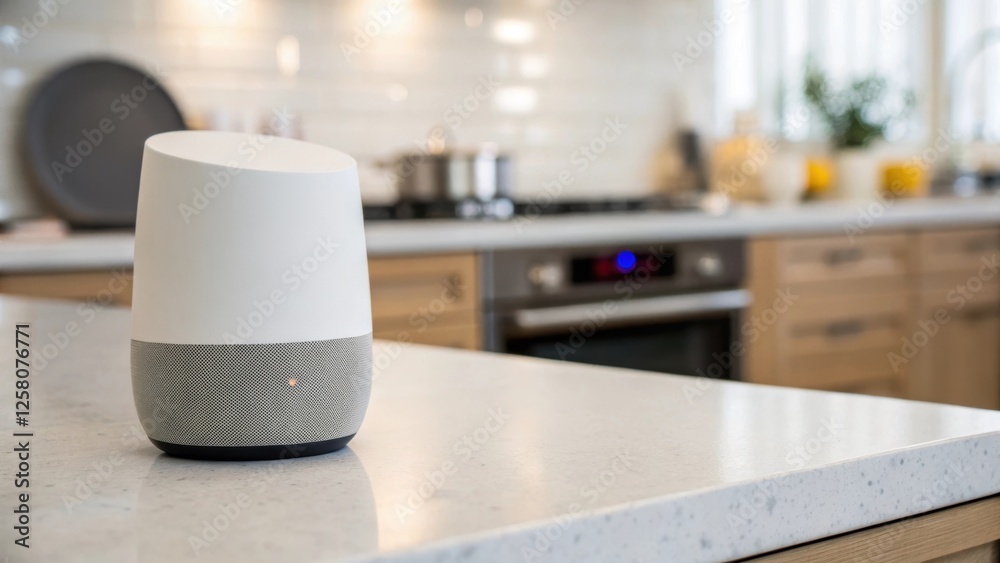 Poster A closeup of a smart speaker on a kitchen counter with a blurred background of the installation process highlighting its minimalist design.