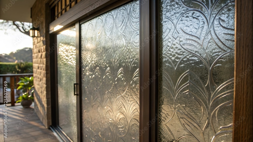 Poster A closeup of a textured glass panel within a sliding pocket door capturing the interplay of light and shadow as it filters through the design.