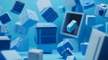 Abstract Blue Cubes Falling 3D Render