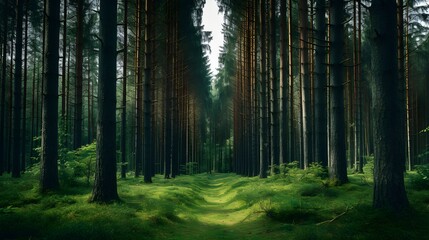 Fototapeta premium Serene Path Through Lush Green Forest Sunlight Dappled Trees Tranquil Nature Scene