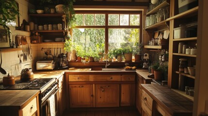 A cozy, rustic farmhouse kitchen with vintage wooden cabinets, surrounded by abundant greenery, creating a warm, homey atmosphere filled with charm