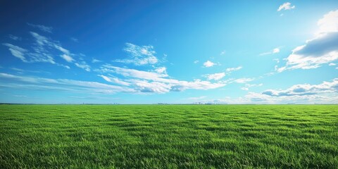 Green grass in the stadium, 3D rendering illustration, blue sky, panoramic view, minimalistic, high-resolution, professional photograph, sharp focus