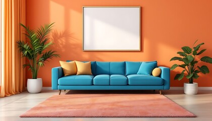 Orange room, blue sofa, plants, sunshine, interior design mockup