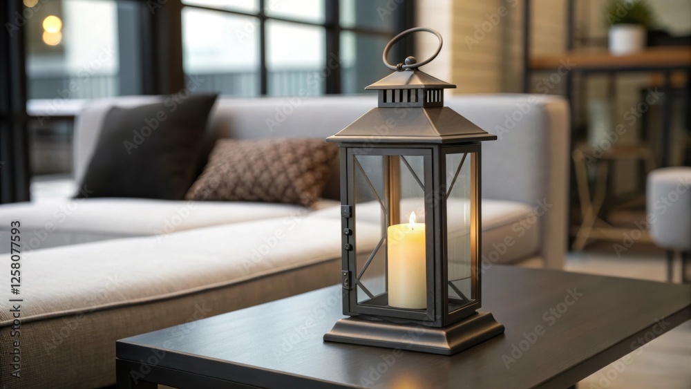 Poster A closeup of a vintagestyle lantern sitting on a side table with flickering candlelight spilling out adding a rustic charm to the contemporary furniture.