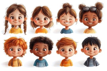 Happy kids avatars: a set cute, smiling children's faces representing boys and girls in cheerful rounds.