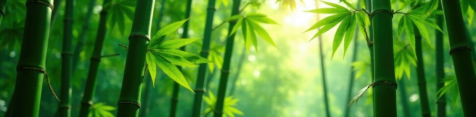 Obraz premium Bamboo stalks swaying in gentle rainforest breeze, lush, wind, green