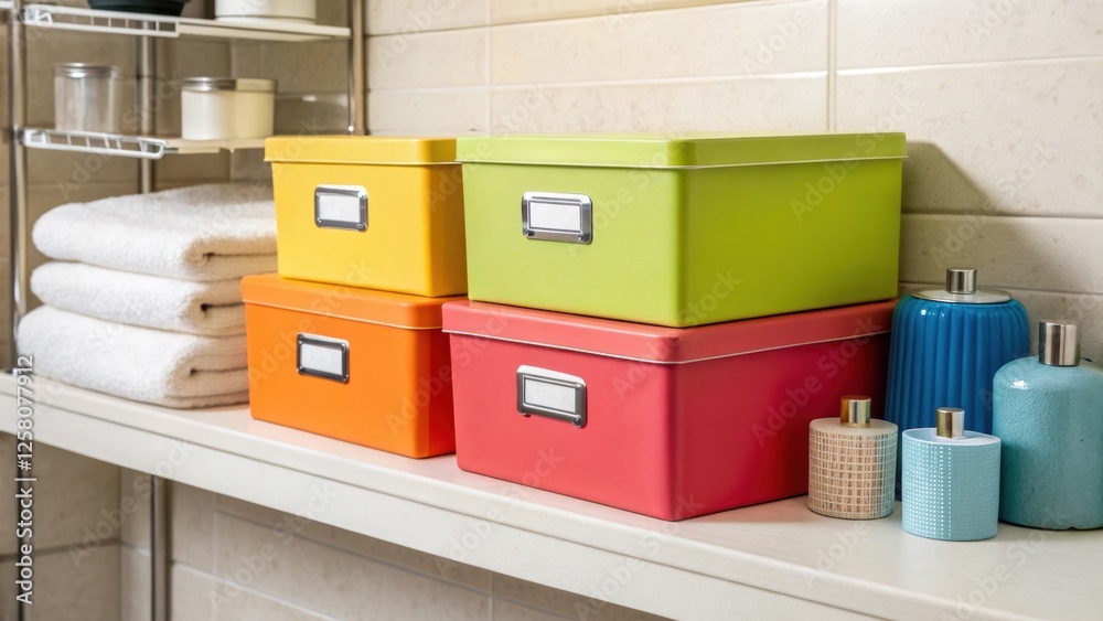 Poster A closeup of colorful storage boxes with labels p on a shelf the vibrant colors contrasting with the neutral tones of the bathroom walls.