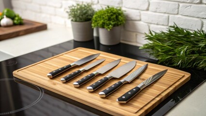 A closeup of detailed knife s on a bamboo ting board with the edge of a sleek stove and wallmounted herbs in view setting a cozy culinary scene.