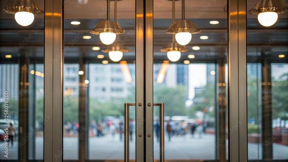Poster A closeup of glass doors within a partition reflecting the soft glow of pendant lights above while allowing uninterrupted views of the vibrant open space beyond.