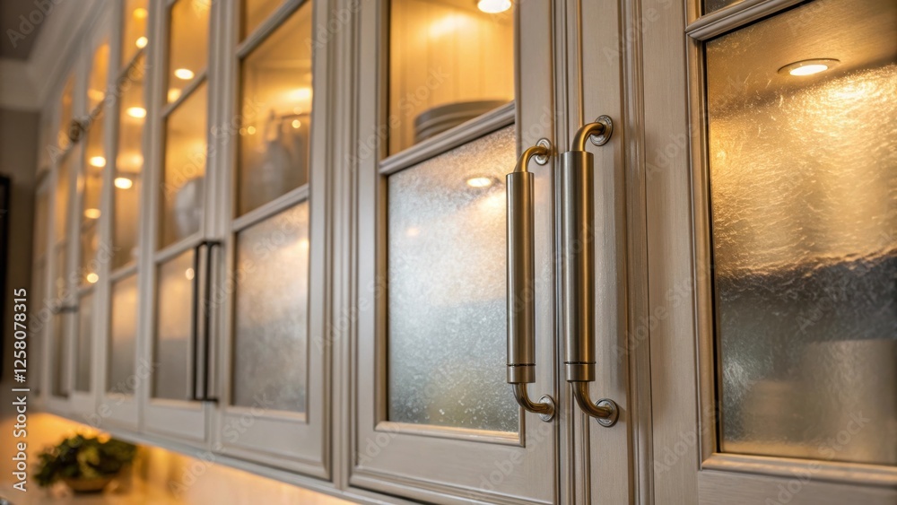 Poster a closeup of frosted glass cabinet doors with a polished metal handle accented by the warm glow of u