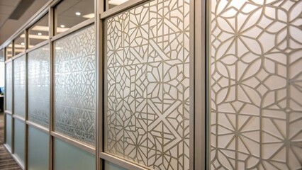 A closeup of frosted glass partitions with intricate geometric patterns providing visual interest while subtly dividing areas in a collaborative work environment.