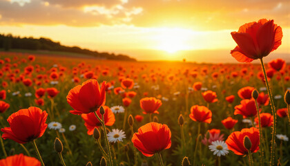 Fototapeta premium The Wheel of the Year. Dreamy meadow of red poppies at golden sunset, magical tranquility