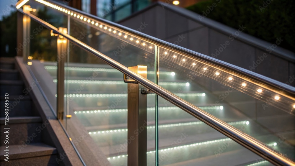 Poster A closeup of LED strip lights embedded in a glass railing reflecting the light and creating a stunning visual effect that complements the minimalist design.