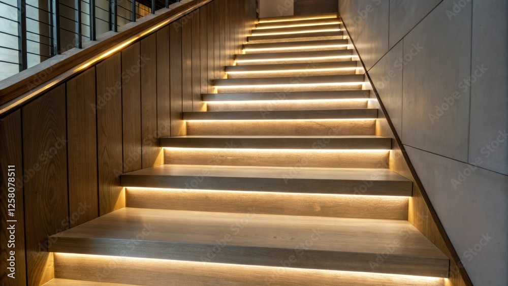 Poster a closeup of led strip lighting integrated beneath floating treads casting a soft glow that enhances