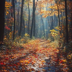 Autumn path forest sunlight leaves fall