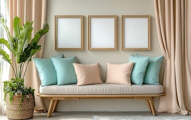 Modern living room bench, pillows, frames, plant. Interior design mockup