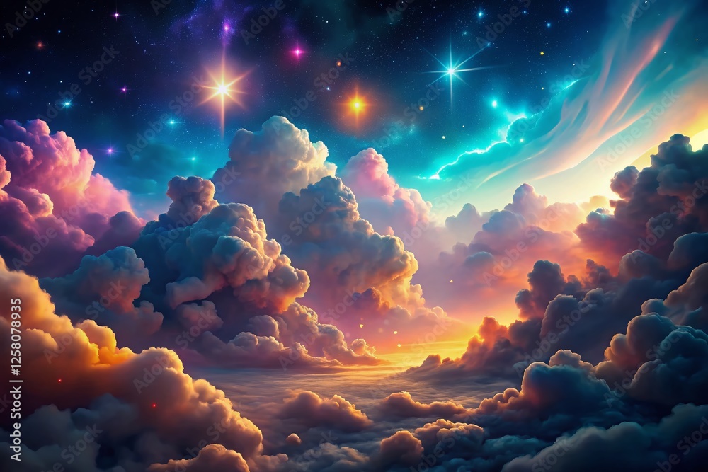 Wall mural Dreamy Ethereal Nightscape: Celestial Clouds and Starry Sky Background