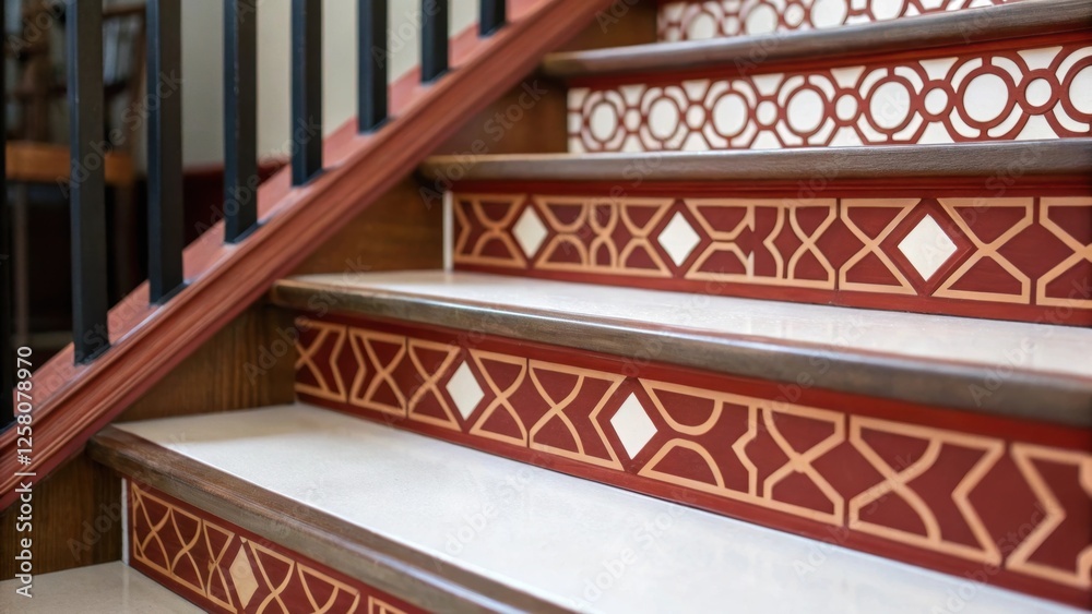 Aufkleber a closeup of stair risers painted in a matte finish paired with a bold geometric railing design emph