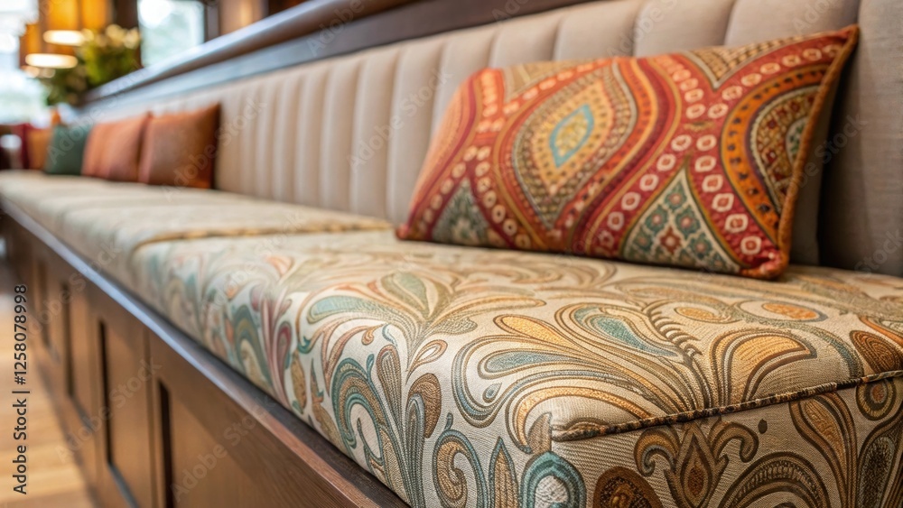 Aufkleber A closeup of textured fabric on a banquette cushion highlighting intricate patterns and a complementary color palette that adds visual interest to the dining room.