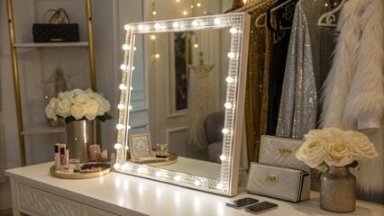 A closeup of sparkling LED lights illuminating the border of a unique asymmetrical vanity mirror set against a backdrop of elegant decor and chic fashion accessories.
