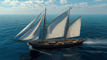 Fototapeta premium traditional sailing ship glides gracefully over calm blue waters, showcasing its large white sails against clear sky. scene evokes sense of adventure and tranquility