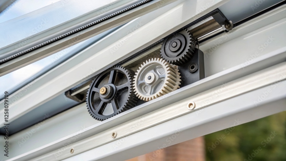Aufkleber A closeup of the automated blinds mechanism nestled within the skylight showcasing gears and pulleys with a focus on engineering precision.