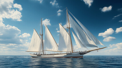 Fototapeta premium traditional sailing ship with white sails gliding through calm waters under blue sky. vessel showcases classic maritime design and evokes sense of adventure and exploration
