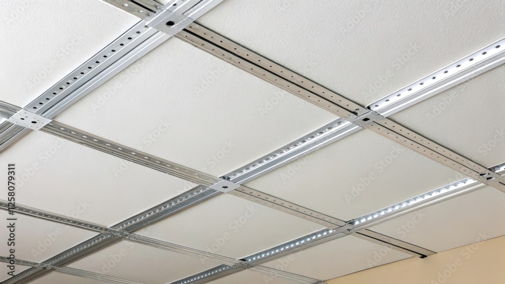 Aufkleber A closeup of the connection between the drop ceiling grid and the wall highlighting the intricate metal clips and the seamless integration of recessed lighting.