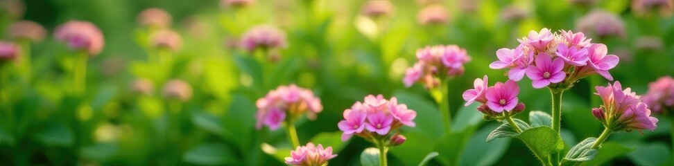 Fototapeta premium Delicate Lobularia flowers blooming in a lush green flower bed, nature, flowers