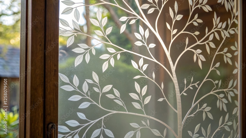 Poster a closeup of the etched glass featuring a whimsical tree branch design where delicate leaves are int