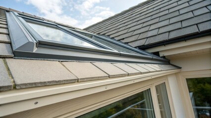 Fototapeta premium A closeup of the edge of a retractable skylight showing the seamless integration of the glass with the ceiling materials illustrating architectural design and aesthetic appeal.