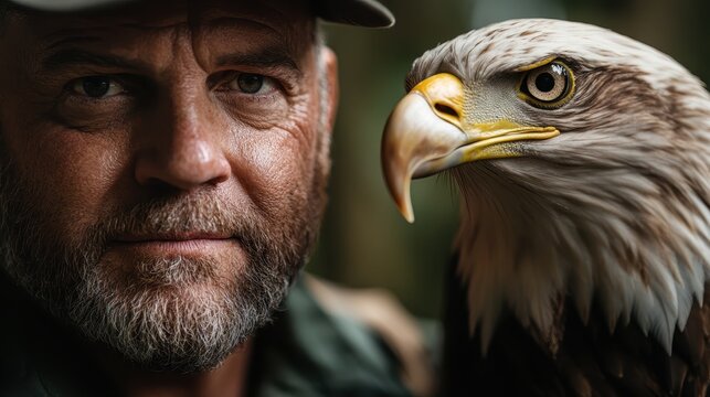A serene portrait of a falconer who gazes calmly at the viewer while his eagle sits attentively beside him, symbolizing harmony and connection in nature.