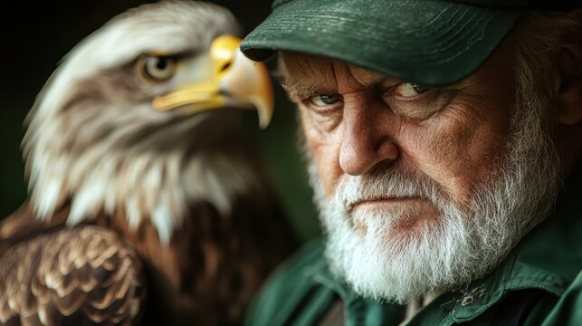 A close-up of a falconer with a stern expression and his majestic eagle perched on his shoulder, showcasing a bond between man and bird of prey in the wild.