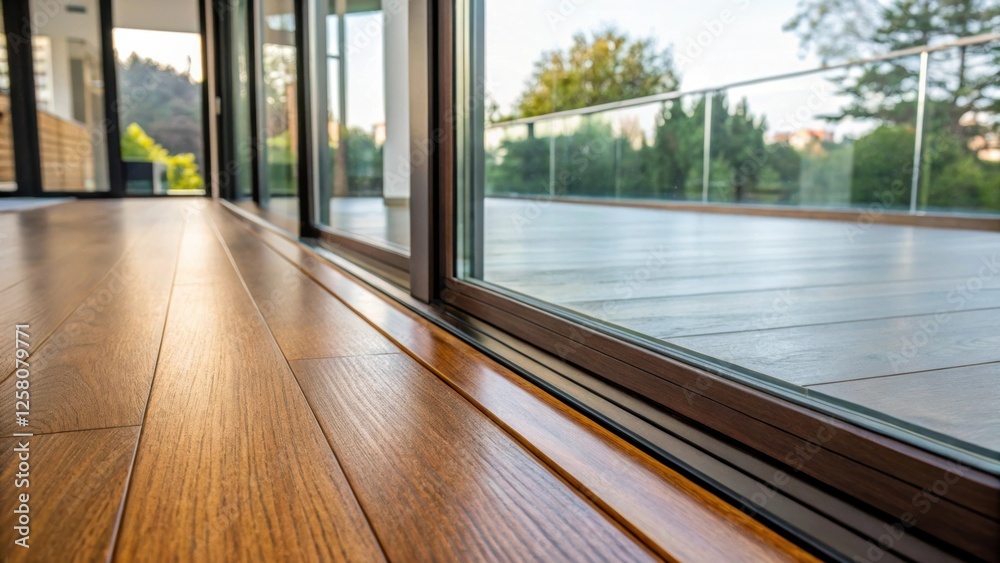 Poster a closeup of the flooring transition featuring the alignment of the glass wall with hardwood floors 