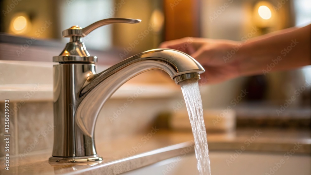 Poster A closeup of the hand of a homeowner joyfully testing the new waterfall faucet with water serenely flowing and the reflection of light creating a warm ambiance.