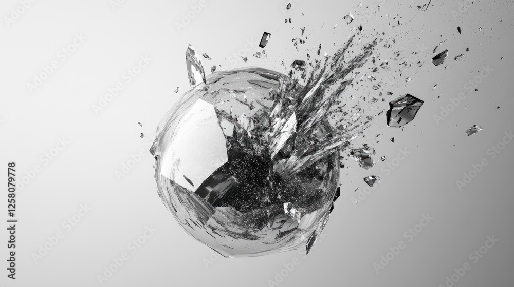 Poster A crystal sphere in the process of shattering, with fragments suspended in mid-air, creating an abstract and artistic visual on a light grey background.