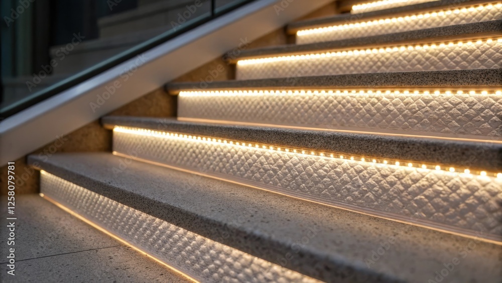 Poster a closeup of the glowing led strip illuminating textured stair edges focusing on the interplay of li