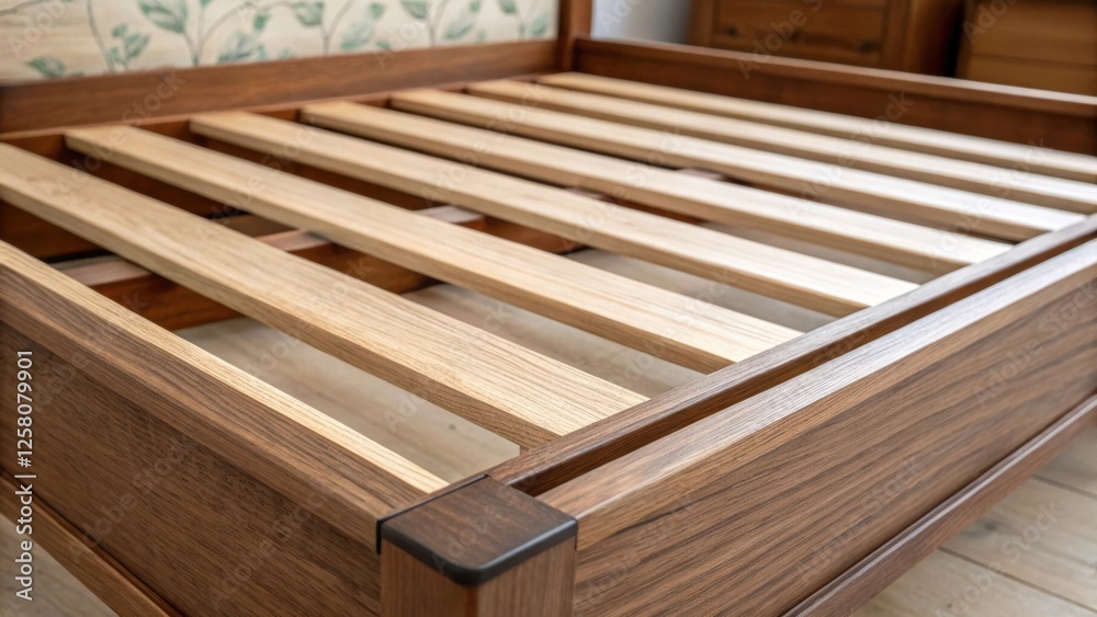 Poster a closeup of the intricate details of a recessed bed frame focusing on the craftsmanship of the wood