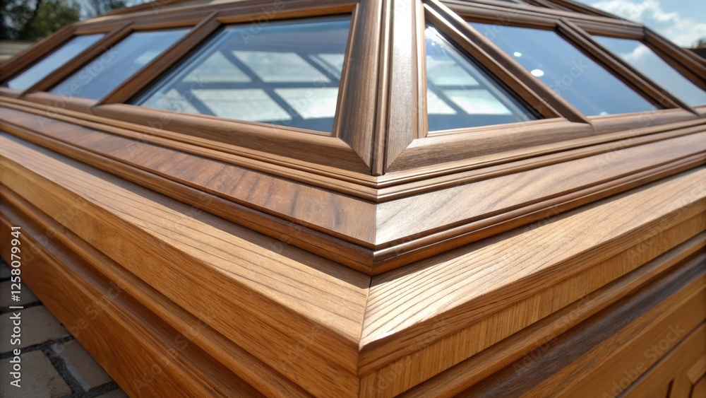 Poster a closeup of the intricate details of a skylights frame highlighting the craftsmanship in the woodwo