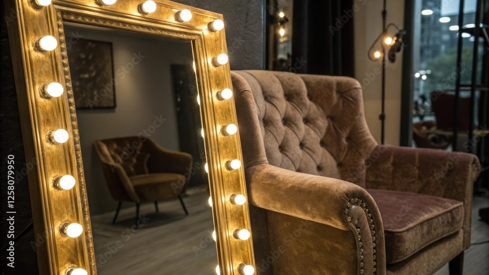 Poster a closeup of the intricate details of a goldframed ledlit mirror reflecting the plush textures of a 