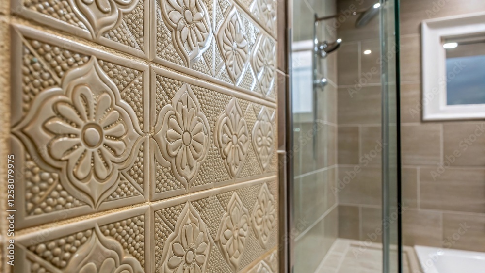 Poster a closeup of the intricate tile work on the bathroom wall adjacent to a frameless glass shower enhan