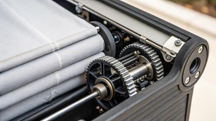 A closeup of the intricate mechanism of a motorized shade showing the inner workings and a sleek fabric that complements the decor.