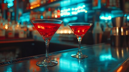 Vibrant red cocktails gleam under cool bar lights. AI Generated