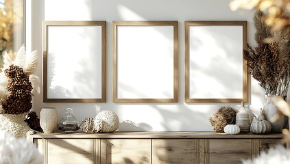 Autumnal home decor mockup, three frames, wooden sideboard, fall foliage