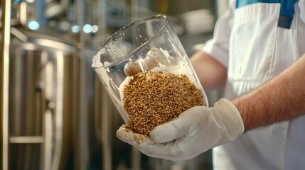 Beer sludge and treatment. A person holds a glass container filled with grains in a brewing facility.