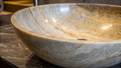 A closeup of the natural color variations and textures in a handcrafted stone sink illuminated to reveal its organic beauty and uniqueness.