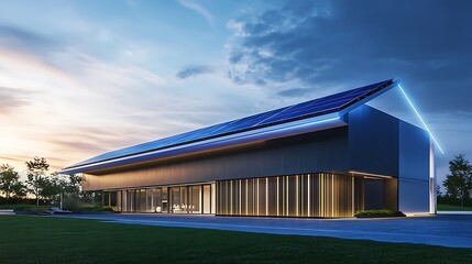 Obraz premium Futuristic sustainable house with solar panels and modern architecture, eco-friendly smart home