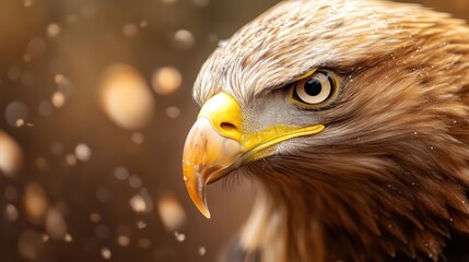 Naklejka premium A stunning close-up of a majestic eagle showcases its fierce gaze and intricate feather details, symbolizing strength and a keen focus in nature's kingdom.