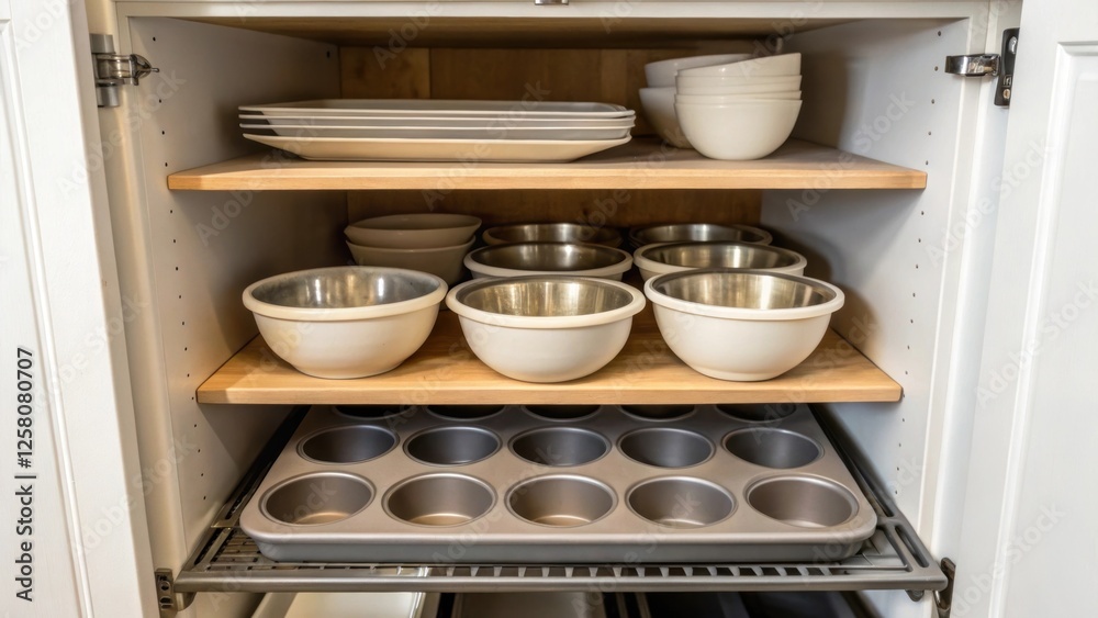 Poster a closeup of tiered shelves in a pullout pantry featuring neatly arranged baking trays and mixing bo