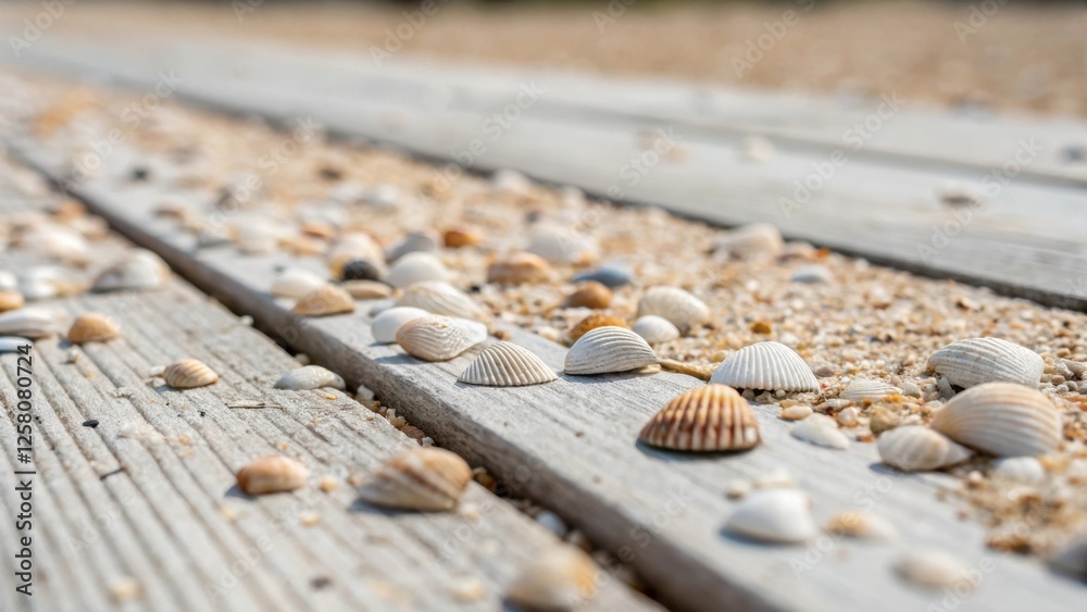 Poster a closeup of tiny seashells tered across a freshly shiplapped surface hinting at a coastal lifestyle